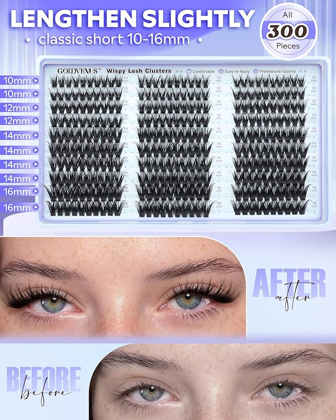 Goddvenus Wispy Lash Clusters Natural DIY Fairy Wet Eyelash Clusters 300 Pcs Cluster Eyelash Extensions Reusable Waterproof Individual Lash (10-16mm CC Curve)