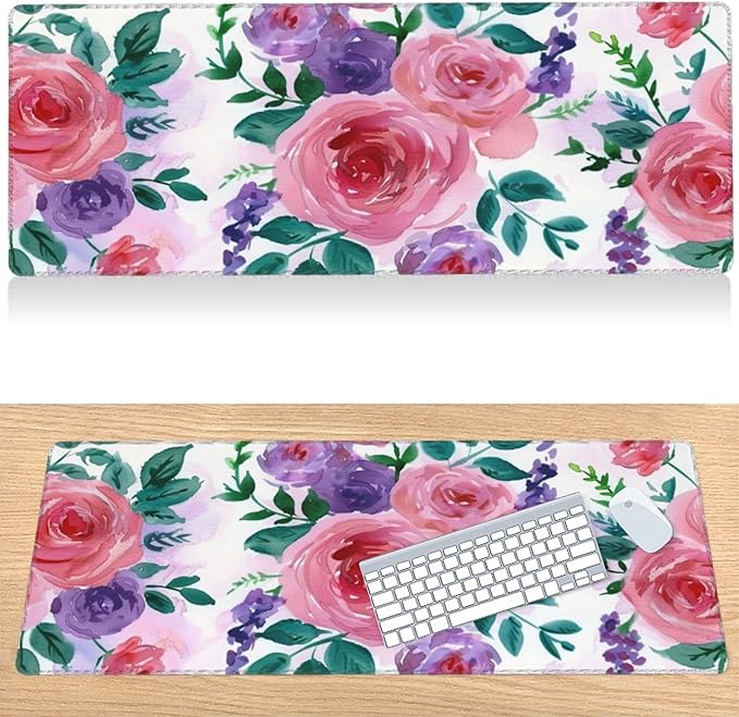 31.5?€?x11.8?€?Large Gaming Mouse Pad for Desk, Mouse Mat with Seamed Edges, Waterproof Desk Pad, Non-Slip Rubber Base, Keyboard Pad Computer Mat, Big XL Mousepad-Rose Watercolor Painting