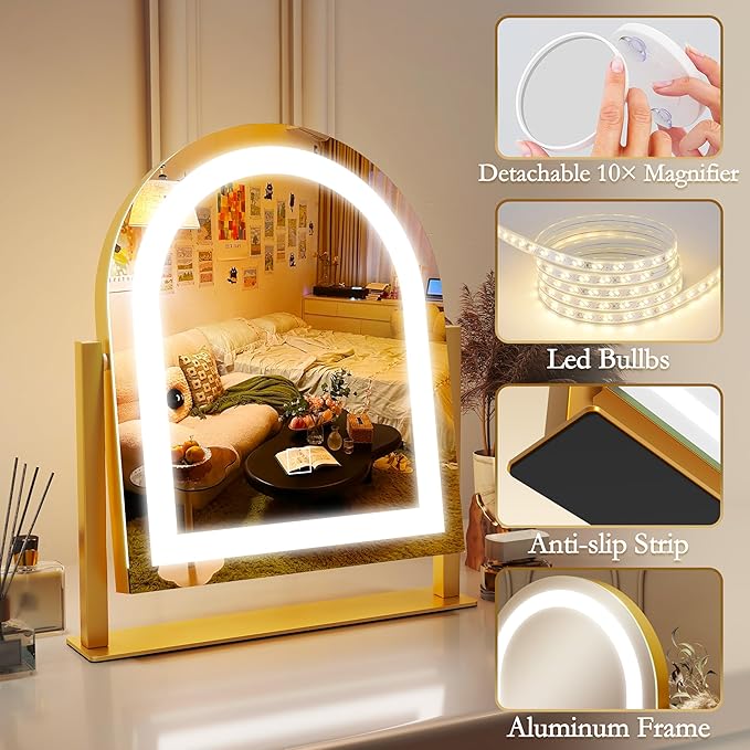 ROLOVE Lighted Makeup Mirror with 3-Color Dimmable Lighting, with Removable 10x Magnifier, Smart Touch Control, 360° Rotation, 15" x 13" Hollywood Vanity Mirror for Tabletop Desk (Gold)