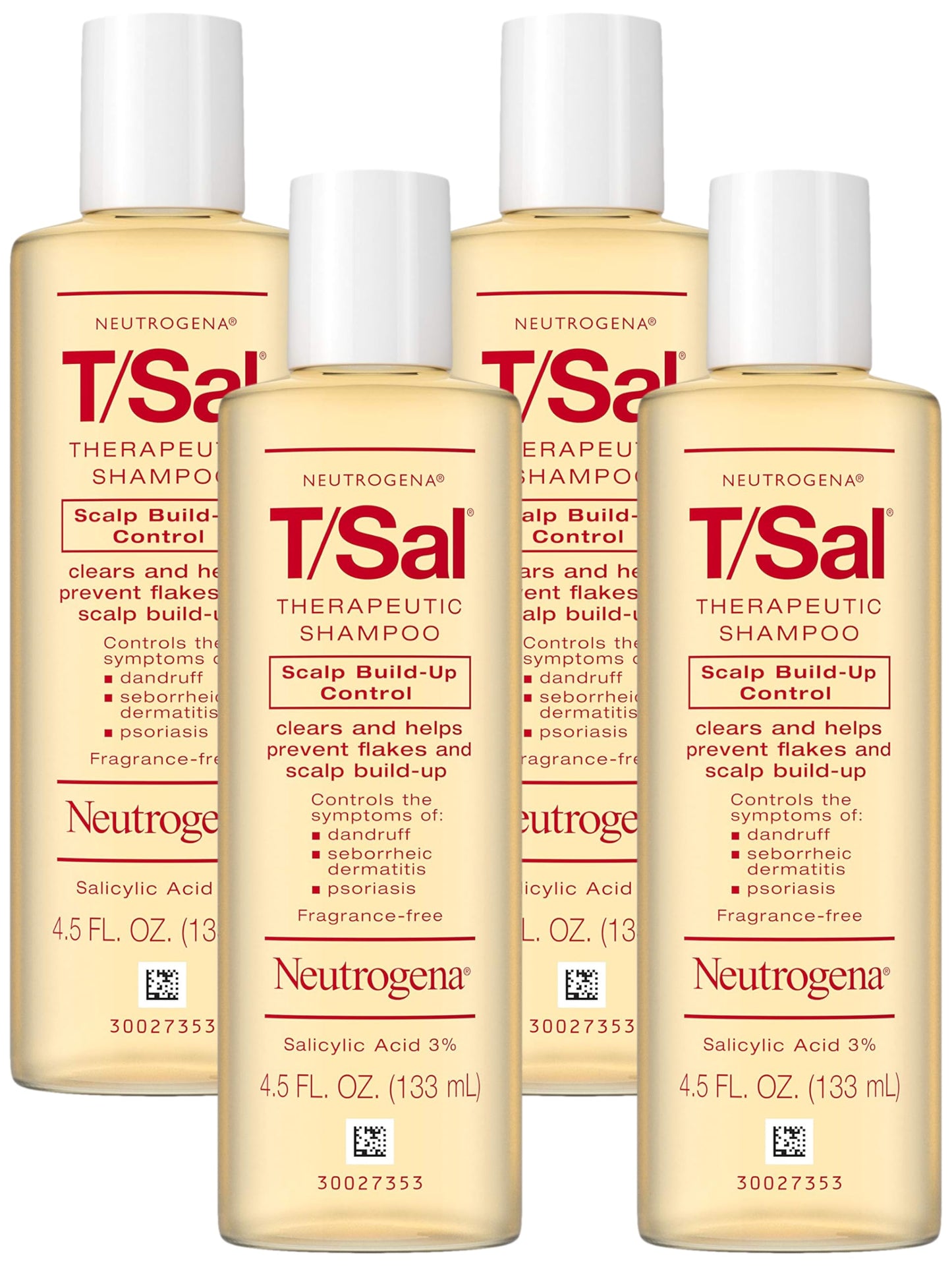 Neutrogena T/Sal Therapeutic Dandruff Shampoo,Scalp Build-Up Control,3% Salicylic Acid,Psoriasis Treatment,Seborrheic Dermatitis Shampoo,Clears Flakes,Fragrance Free,4.5 fl oz,(Pack of 4)