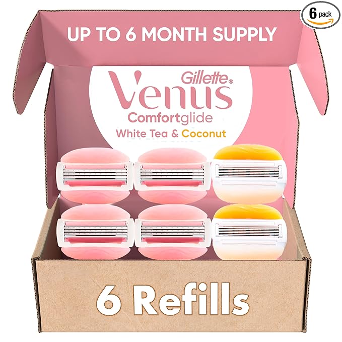 Gillette Venus ComfortGlide White Tea 4 count, with Gillette Venus ComfortGlide plus Olay 2 count, Women's Razor Blade Refills
