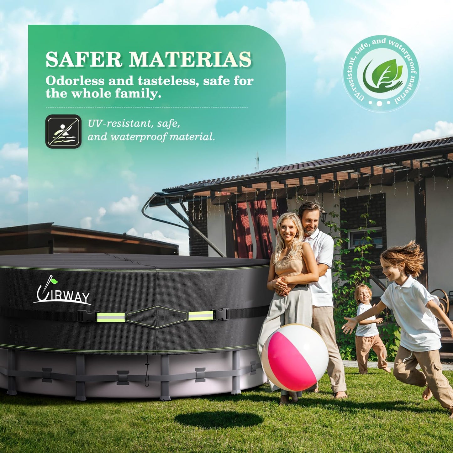 UIRWAY 8 Ft Round Pool Cover with Reflective Strips, Swimming Pool Cover for Above Ground Pools, Solar Cover Including Rope Tie and Luminous Ground Nails, PU Tarp Snug Fit for UV Protected