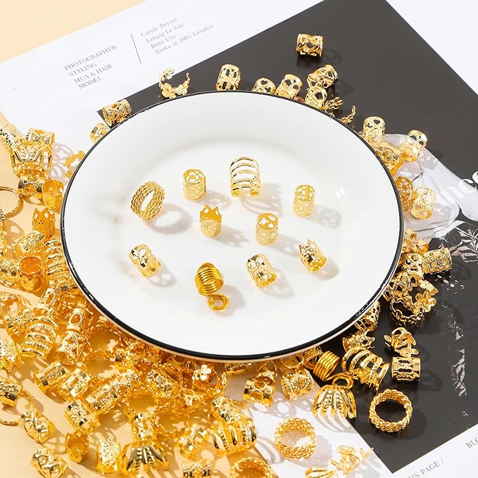220Pcs Gold Hair Jewelry for Braids, 12 Styles Gold Hair Accessories Cuff for Braids and Dreadlocks, Adjustable Metal Rings Cuffs Clips for Dreadlock Accessory Jewelry Decorations