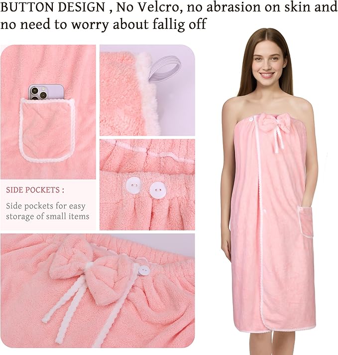 Towel Wrap Women Shower Robe Adjustable Closure Bathrobe with Hair Drying Towel & Spa Wraps