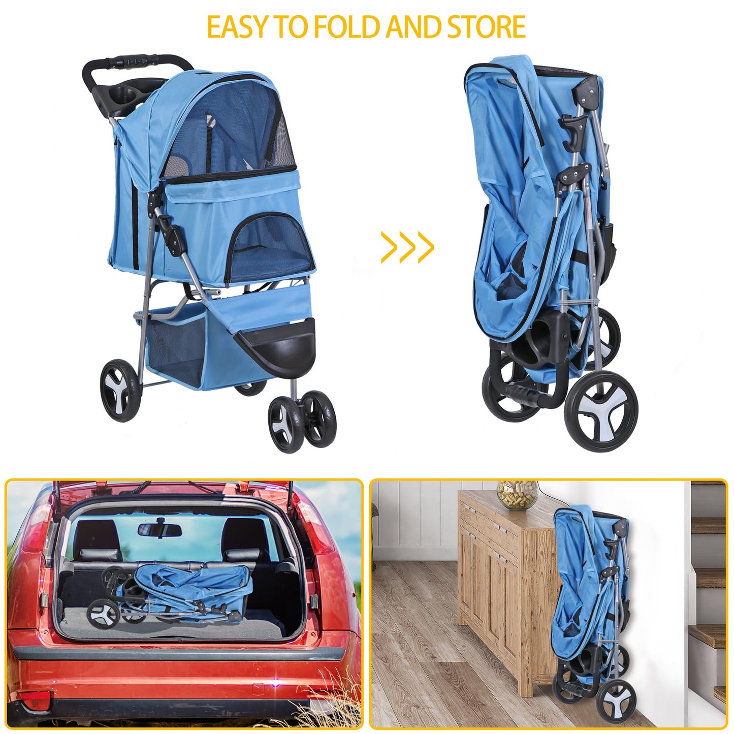 Foldable Pet Stroller for Cats and Dogs 3 Wheels Carrier Strolling Cart with Weather Cover, Storage Basket + Cup Holder (Blue)