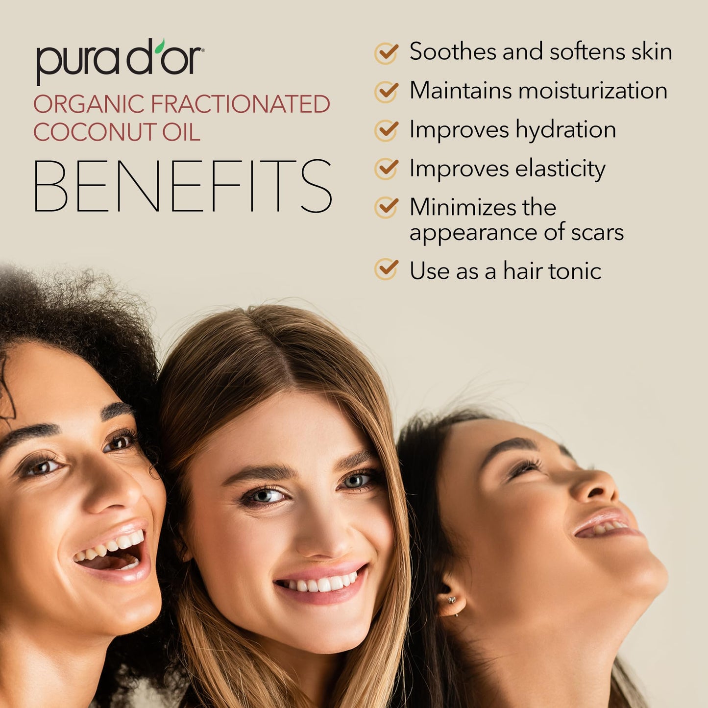 PURA D'OR ORGANIC Fractionated Coconut Oil MCT Oil (16.9 Oz GLASS BOTTLE) 100% Pure & Natural USDA Certified Cold Pressed - Unscented, Hexane Free Moisturizer For Face, Skin & Hair Tonic - Men & Women
