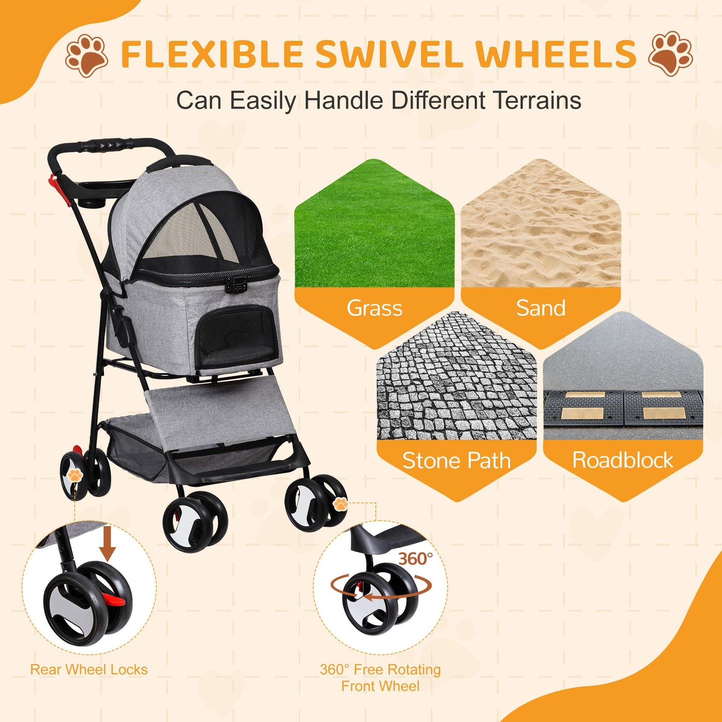 ZENY Pet Stroller, 3 in1 Foldable Dog Cat Jogger Stroller with 4 Wheels, Detachable Basket and Cup Holder, Travel Folding Carrier for Small/Medium Pet (Gray)