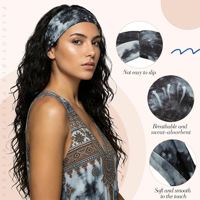 obeoby Tie Dye Headbands, 8Pcs Boho Hairbands Hippie Gifts for Women Fashion Workout Headbands for Yoga Work Athletes Running Enthusiasts