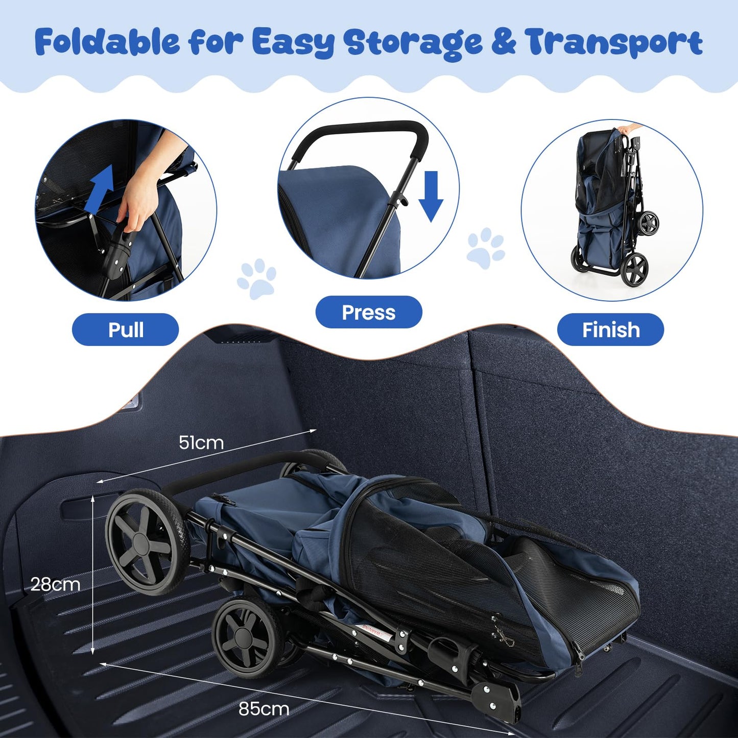 HAPPAWS Dog Stroller with 2 Detachable Carrier, Pet Stroller for Small Medium Dogs Cats, Jogger/Travel/Camping, 4-in-1 Doggy Pet Carrier, Carrier Strolling Cart with Lockable Wheels, Navy Blue
