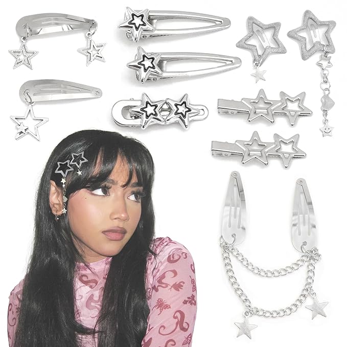 10PCS Star Hair Clips Y2K Silver Hair Clips Metal Star Barrettes 8 Shapes Pentagram Hair Snap Clips Punk Kawaii 2000s Hair Accessories for Women