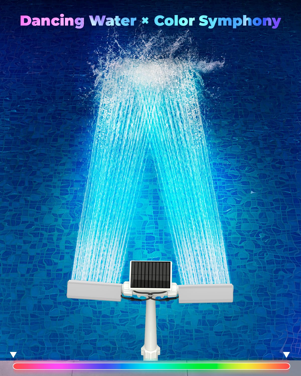 POOLJOYO Solar Pool Fountain with 10-Color 4-Mode RGB LED Lights, Above/Inground Solar Lights with Remote, 360°Adjustable Dual Spray Waterfall Sprinkler Fountain for Relaxation & Cooling 10-20°F