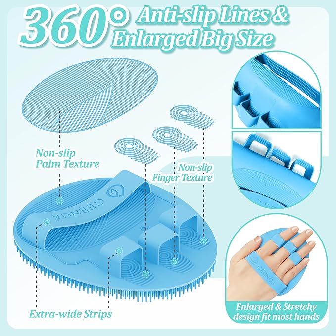 Silicone Back/Body/Face Scrubber & Soft Bath Glove Set 4PCS, Gentle Exfoliating Back & Body Scrubber with Dual-Side Brush Head, Hand-fit Bath Glove & Face Scrubber for Deep Cleaning(Blue-4PC)