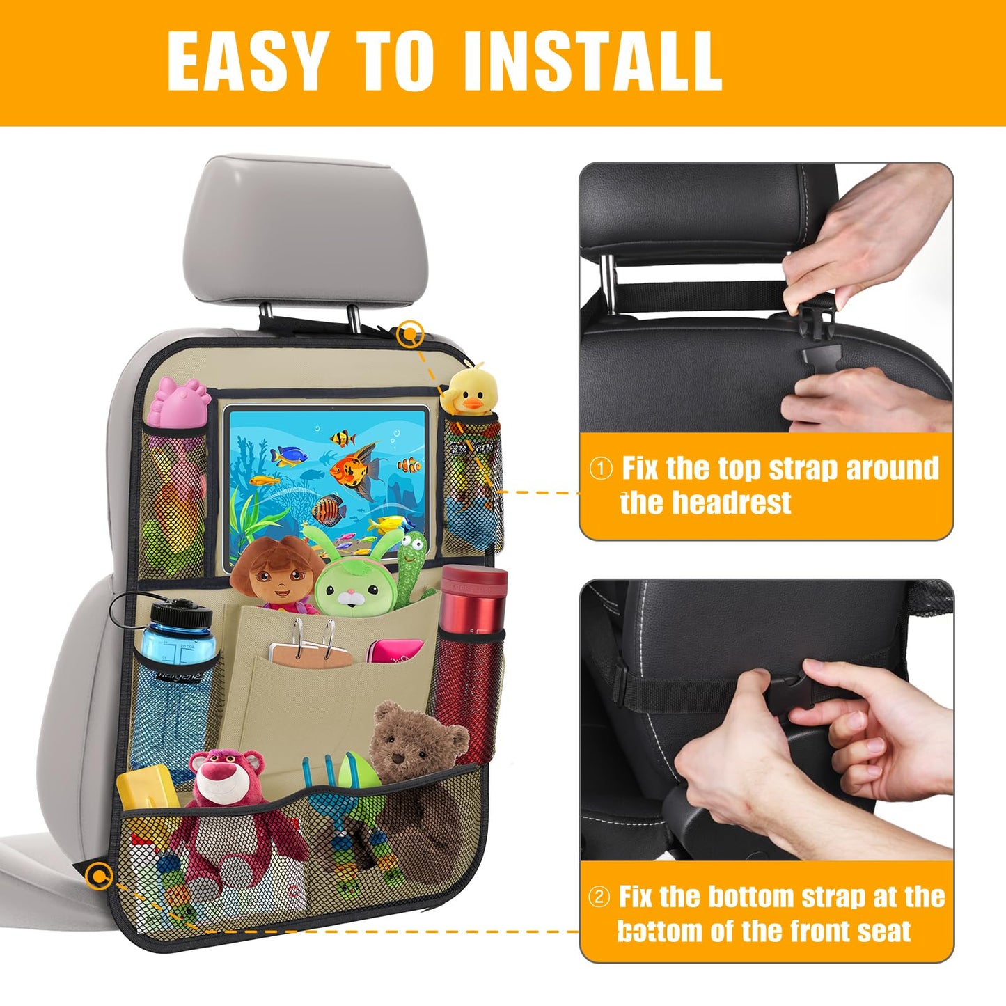 ULEEKA Car Backseat Organizer with 11" Table Holder, 10 Storage Pockets Seat Back Protectors Kick Mats for Kids Toddlers, Travel Accessories, 2 Pack, Beige