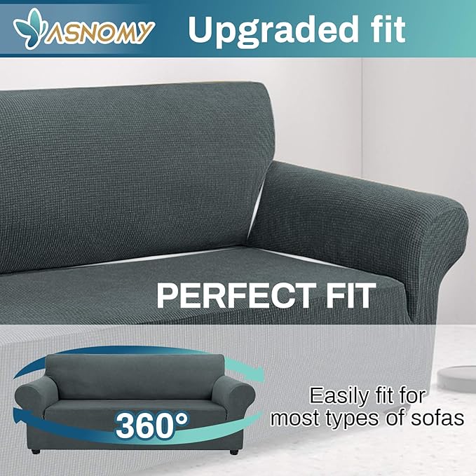 Asnomy Couch Covers for 3 Cushion Couch Stretch Sofa Covers Slipcovers, Pet Protector Furniture Covers for Dogs Cats Spandex Jacquard Fabric Small Checks（X-Large，Gray）