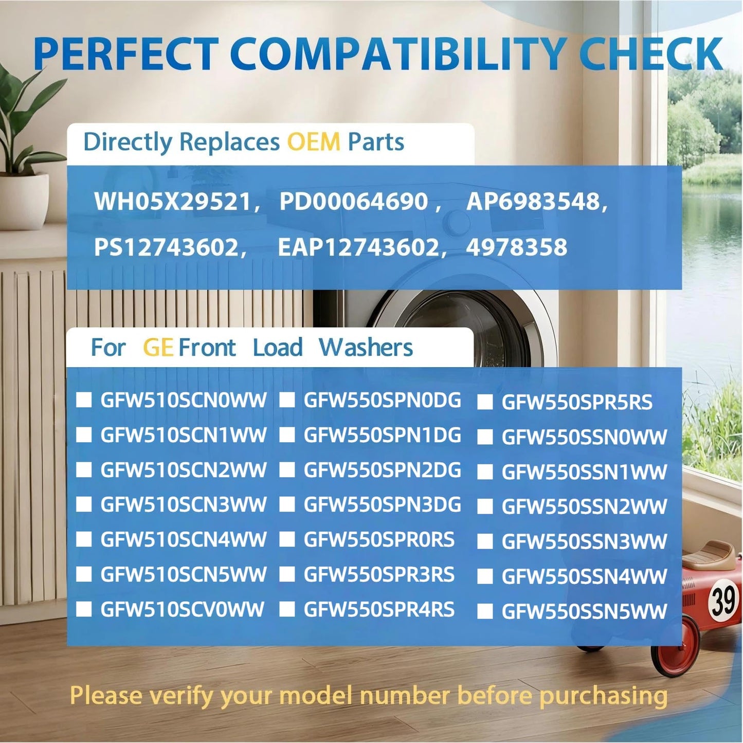 Upgraded WH05X29521 Blue Washer Door Gasket Seal for GE Front Load Washing Machine, Odor Resistant and Watertight Rubber Fit GFW550SSN0WW GFW510SCN0WW GFW550SPN0DG GFW550SPR0RS GFW550SSN1WW