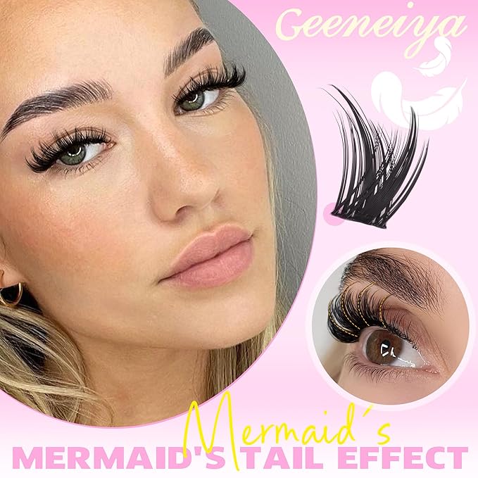 Geeneiya MERMAID Lash Clusters, 10-18MM Wispy Eyelash Clusters, D Curvature Natural Cluster Lashes for Beginners, Waterproof Cluster Eyelash Extensions DIY Lashes (Not Kit)