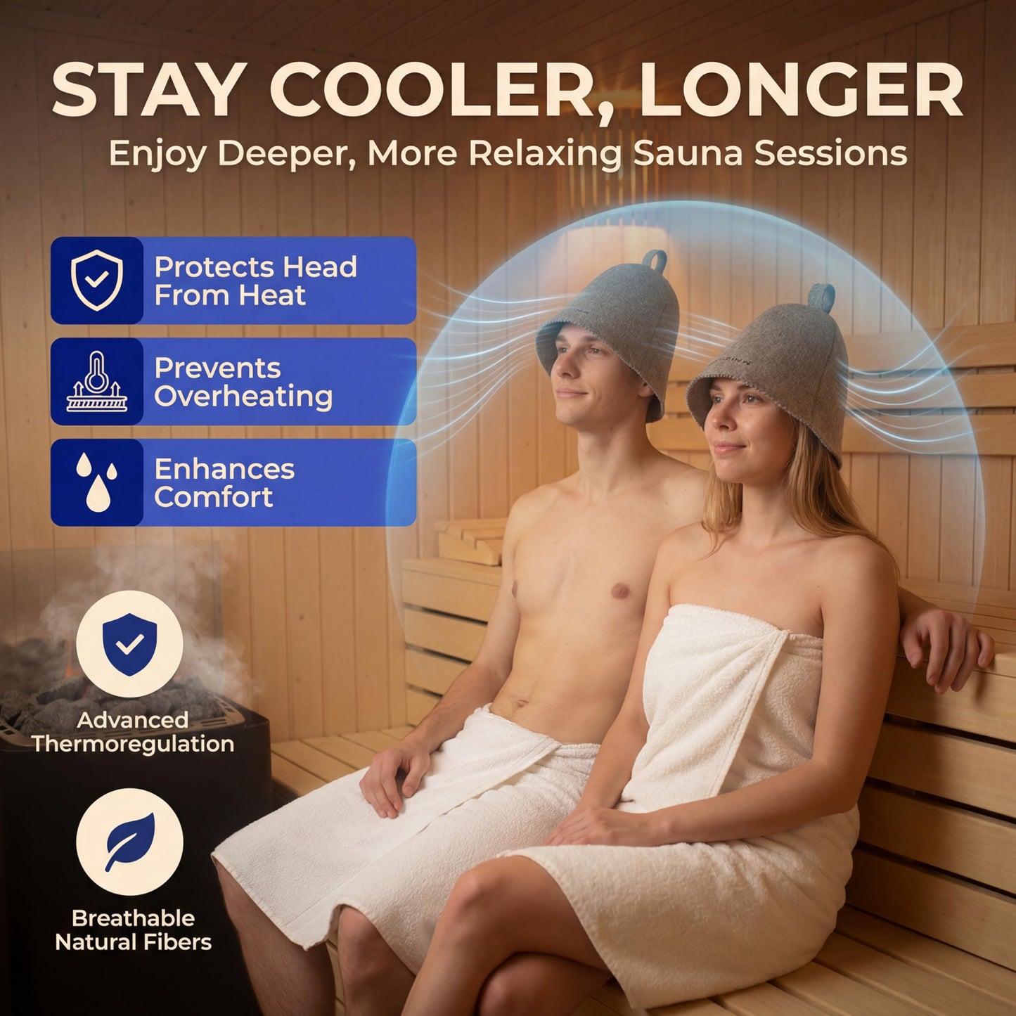 SAUNOM Premium Ultra Soft Grey Sauna Hat for Women and Men — 100% Natural Wool — Ultra Soft, Breathable, Itch-Free and Odor Resistant Sauna Cap