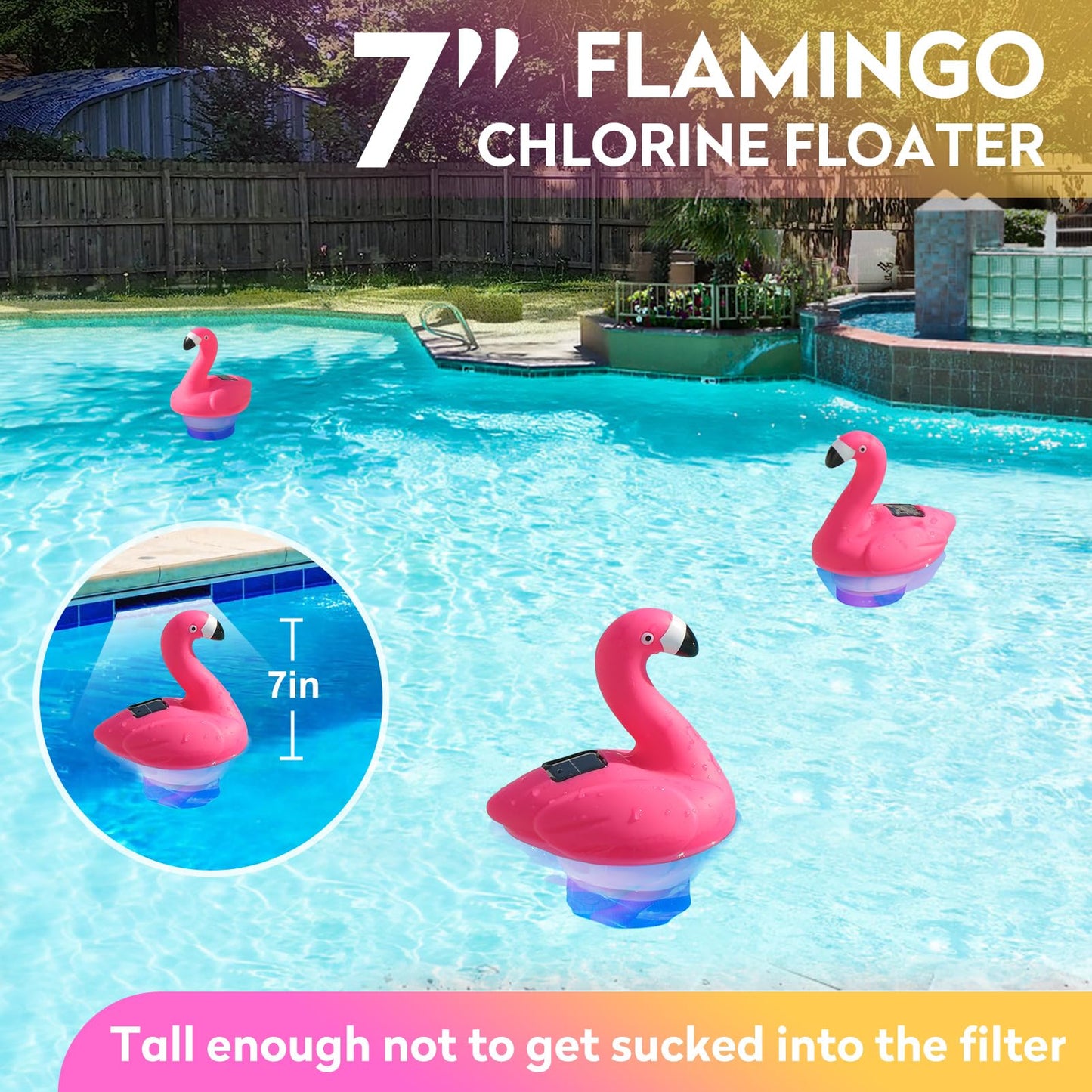 Covfirst Pool Chlorines Floater, 9 in Flamingo Chlorine Floater w/Light, Solar Chlorine Floater w/Adjustable Flow, Large Size Chlorine Tablet Floater, Floating Chlorines Dispenser for Pool Hot Tub