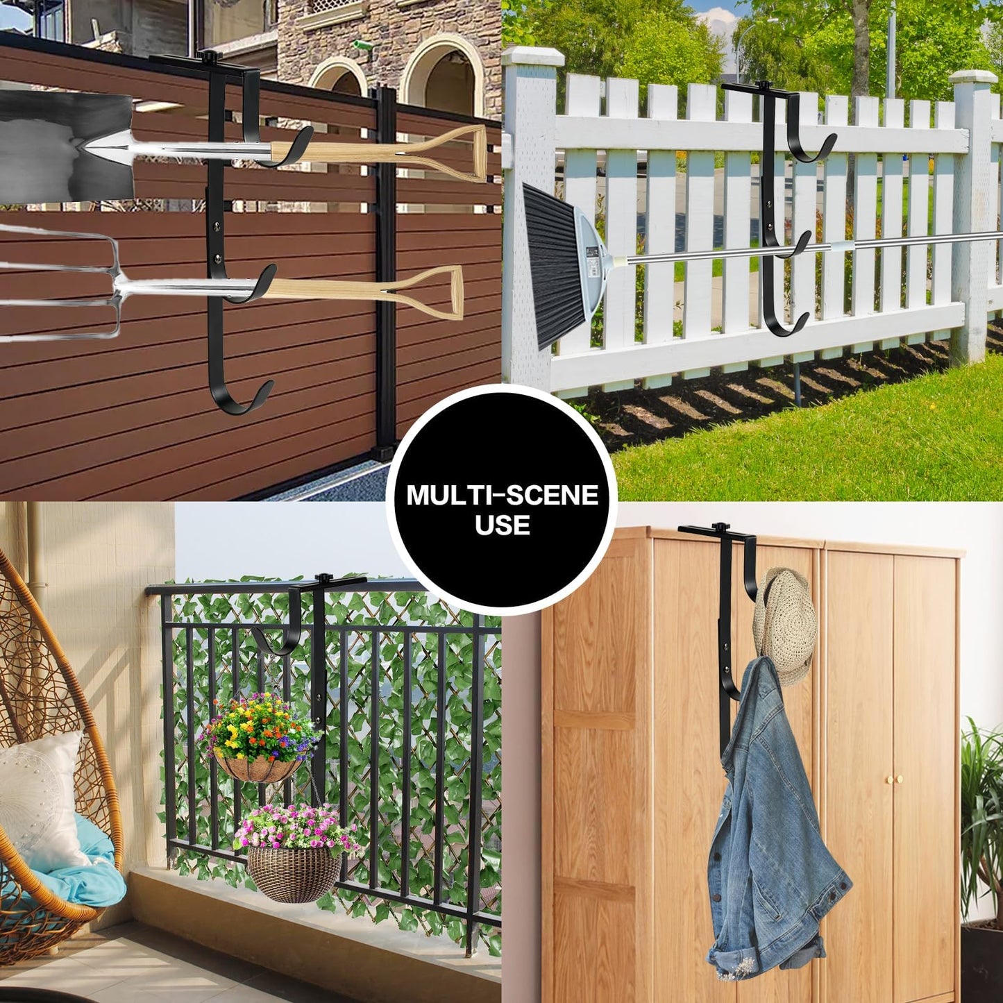 ECcandiedhaws 2Pcs Black Pool Pole Hangers, Adjustable Heavy Duty Swimming Pool Fence Hooks for Pool Equipment, Skimmers, Leaf Rakes, Nets, Brushes, Vacuum Hose, Garden Tool Organizer