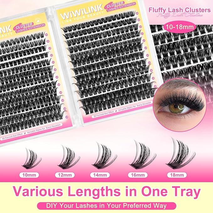 Fluffy Lash Clusters Kit 408Pcs, Wispy Volume (80D/100D) D-Curl Cluster Eyelash Extensions 10-18mm + Bond & Seal Glue + Tweezers - Reusable 15+ Times, Natural to Dramatic Volume