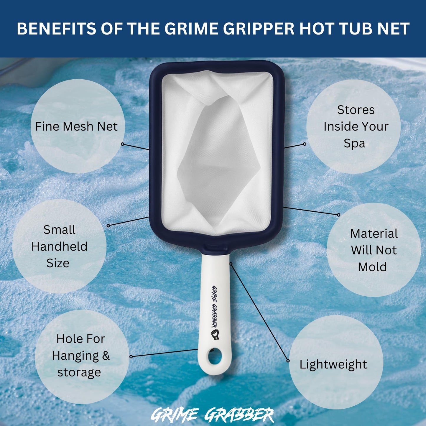 Grime Gripper Hot Tub Skimmer - Fine Mesh Hot Tub Net, Durable and Lightweight, Ideal Small Fish Net for Spa and Hot Tub Owners, Efficient Debris Removal Tool (1 Net)