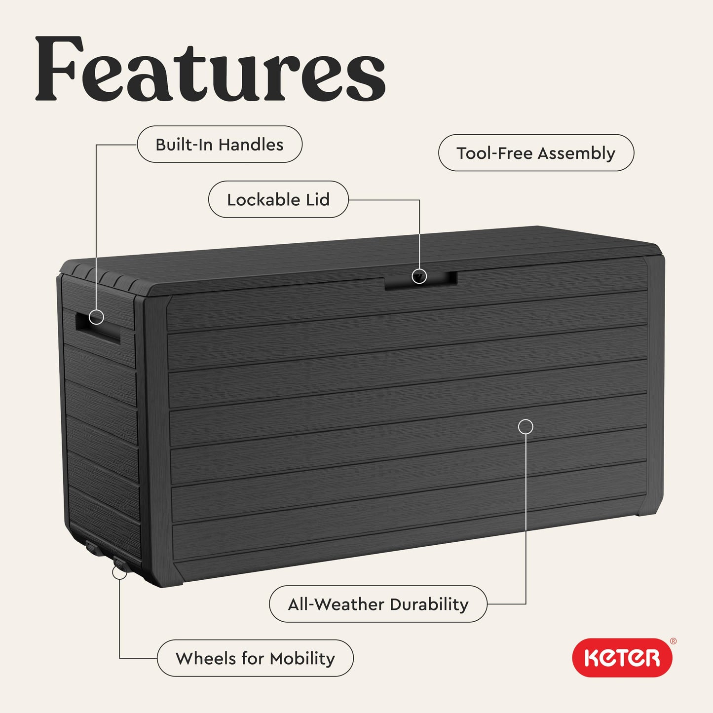 Keter Atlas 70 Gallon Deck Box – Weather‑Resistant Outdoor Storage Chest for Patio, Yard & Pool, Durable Resin Construction, Lockable Lid, Easy‑Open Design