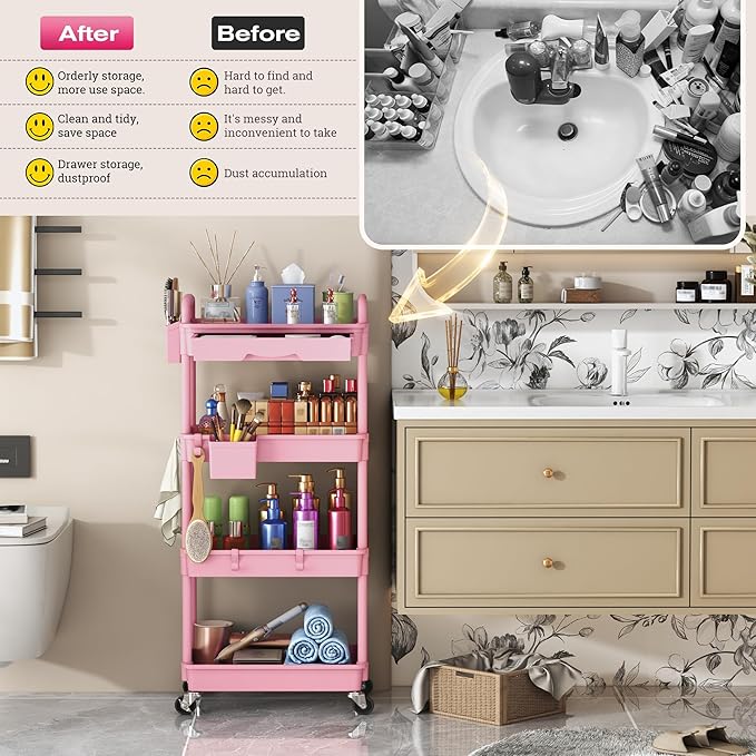 Goovilla Rolling Makeup Organizer Cart with Removable Drawer, 4 Tier Stable Pink Floor Skincare Storage Cart for Vanity, Cosmetic Display, Nail Polish, Perfume, Hair Stuff, Beauty, Bathroom(Plastic)