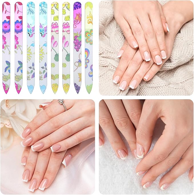 8 PCS Glass Nail Files with Cases, Double Sided Crystal Fingernail Files Colorful Floral Nails File Buffers Nails Care Nail File Mixed Color Manicure Set for Women, Christmas Gifts Stocking Stuffers