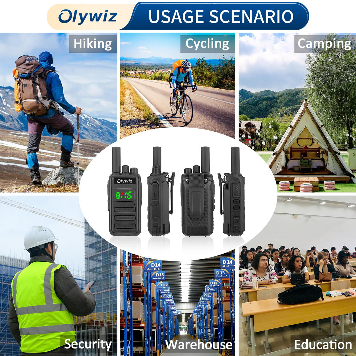 Olywiz Adult Walkie Talkies Long Range - 2 Watt Walkie Talkies Rechargeable - 6 Pack 16 Channel Two Way Radio with 2500 mAh Li-on Battery VOX GMRS USB-C for Business Commercial Work School