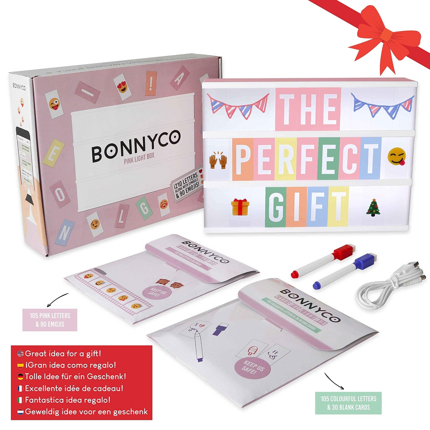 Pink Cinema Light Box with 400 Letters, Emojis, 2 Markers - BONNYCO | Led Light Box Home Office & Room Decor | Cinema Led Sign Letters Board Gifts for Women and Girls Christmas Birthdays | Pink Decor