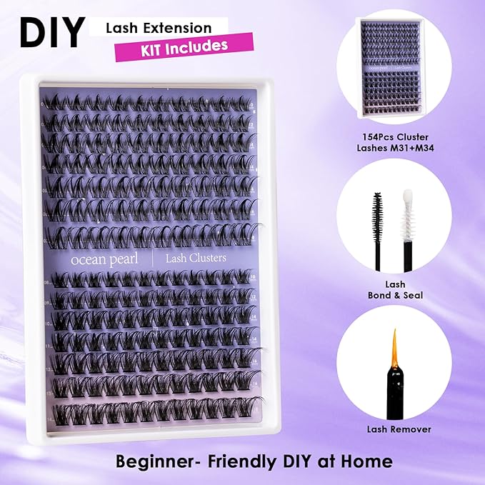 Ocean Pearl Lash Clusters Kit 154pcs,10-18mm manga/anime-inspired lashes clusters,spike-effect cluster lashes,Eyelashes,DIY Cluster Eyelash Extensions kit with lash bond+seal+remover+tweezers-M31+M34