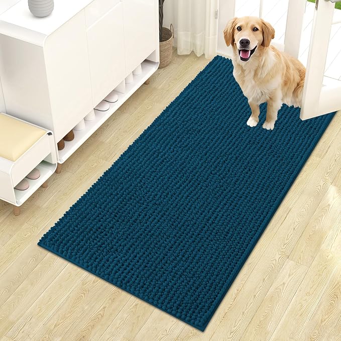OLANLY Dog Door Mat for Muddy Paws 44x24, Ultra Absorbent Chenille Mud Doormat, Non-Slip Washable and Dirt Trapping Doormat for Indoor Entryway, Quick-Dry Indoor Pet Bed Mats for Dogs, Atlantic Blue
