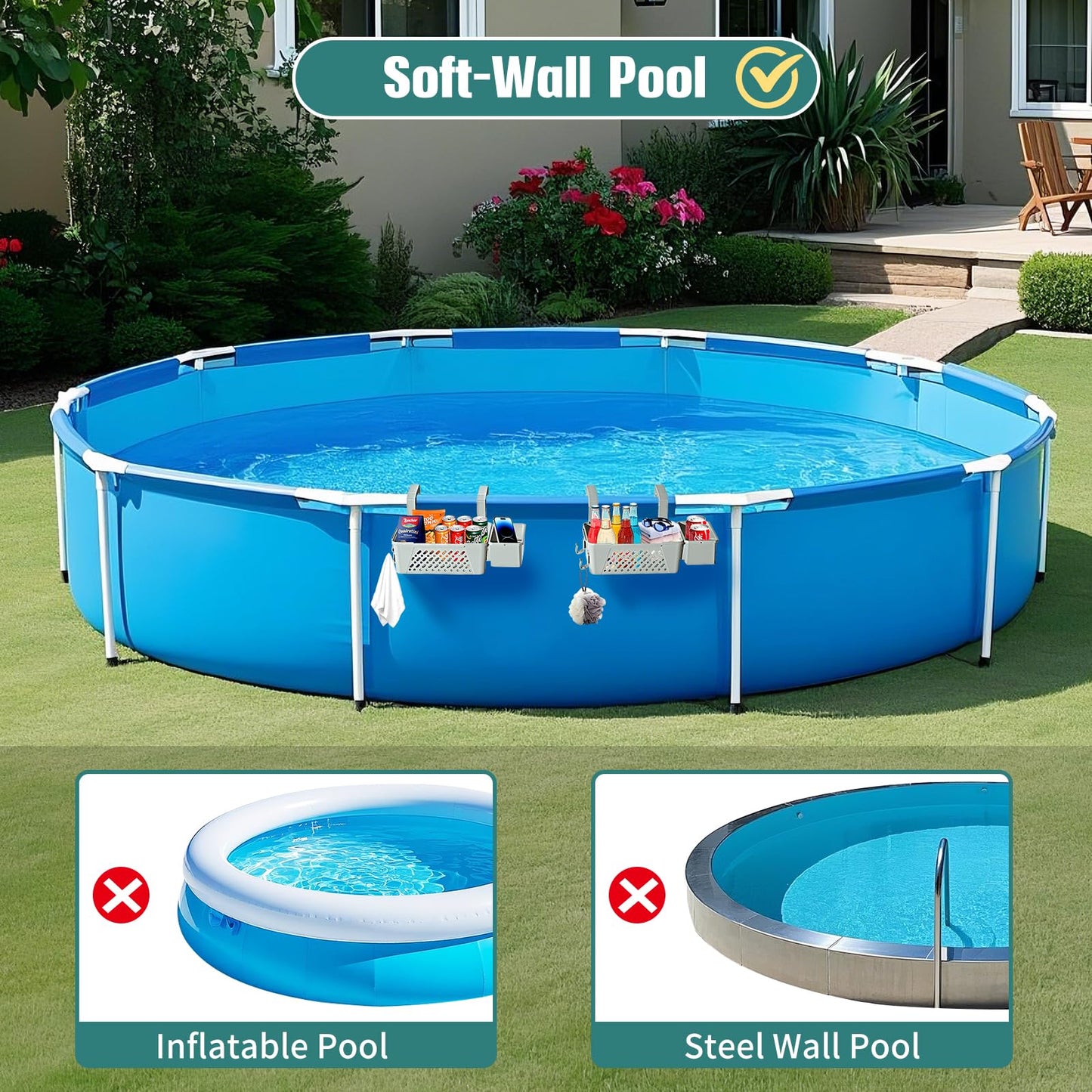 【2026 Upgrade】2-Pack Poolside Storage Basket with Cup Holder, Above Ground Pool Accessories, 3-in-1 Swimming Pool Hanging Storage Baskets to Organize Cups & Towels, Fits 3 Inch or Less Top Rail(Grey)