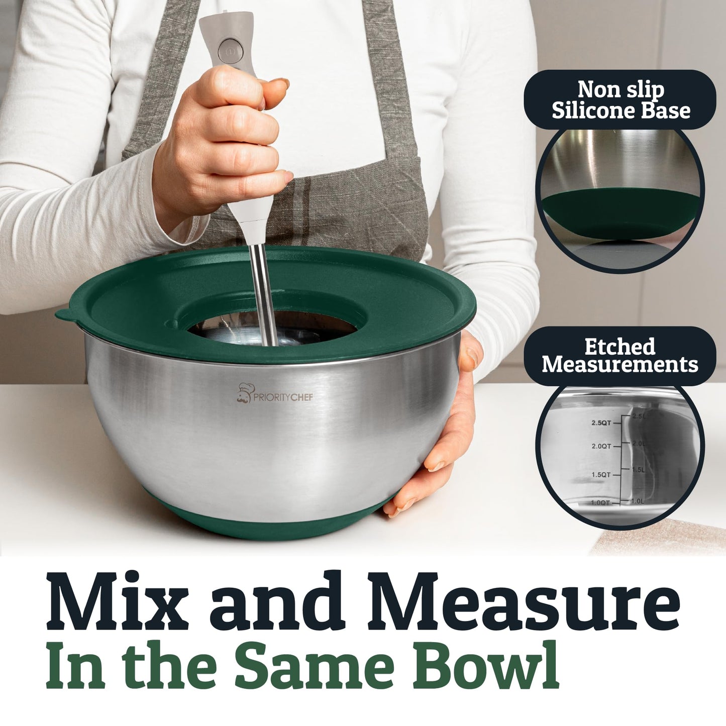 Priority Chef Stainless Steel Mixing Bowls with Lids Set, 3 Grater Attachments, Airtight Lids, Non-Slip Silicone Base Mixing Bowl Set, Large Prep Metal Mixing Bowls for Kitchen, Green