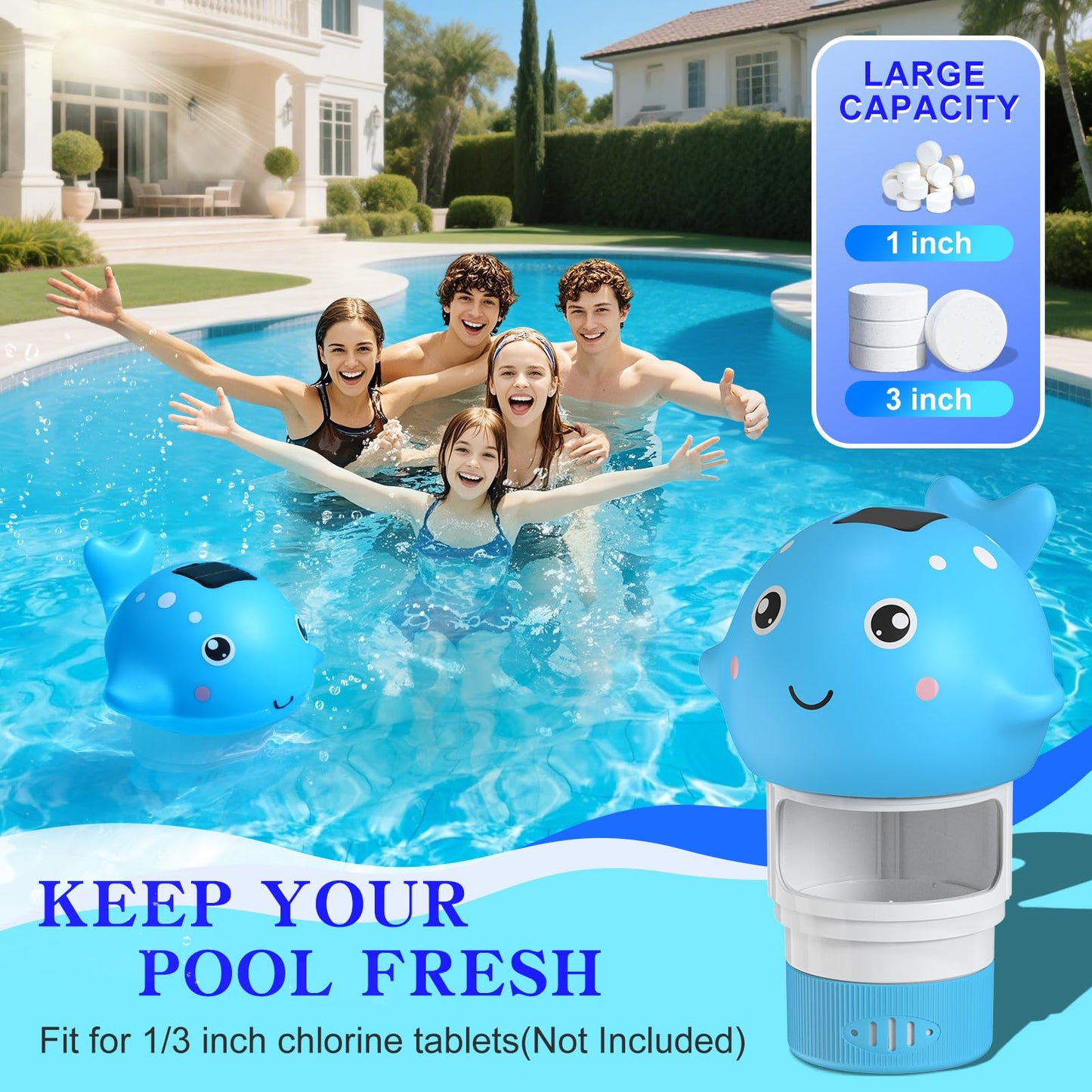 Blufree Pool Chlorine Floater, Solar Chlorine Tablet Floater w/Adjustable Release, Glow in The Dark Large Capacity Whale Floating Chlorines Dispenser for Pool Hot Tub Spa Fits 3 Inch Tabs