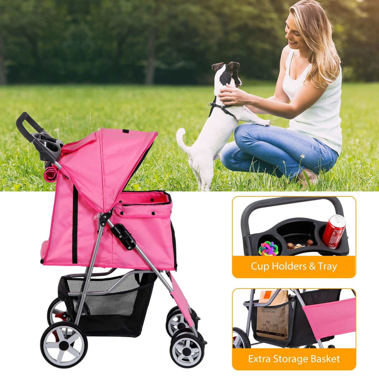 Epetlover 4 Wheels Dog Stroller Folding Pet Strolling Cart for Small Medium Cats Puppies Portable Jogger Travel Camping Puppy Carrier with Storage Basket Cup Holder, Pink