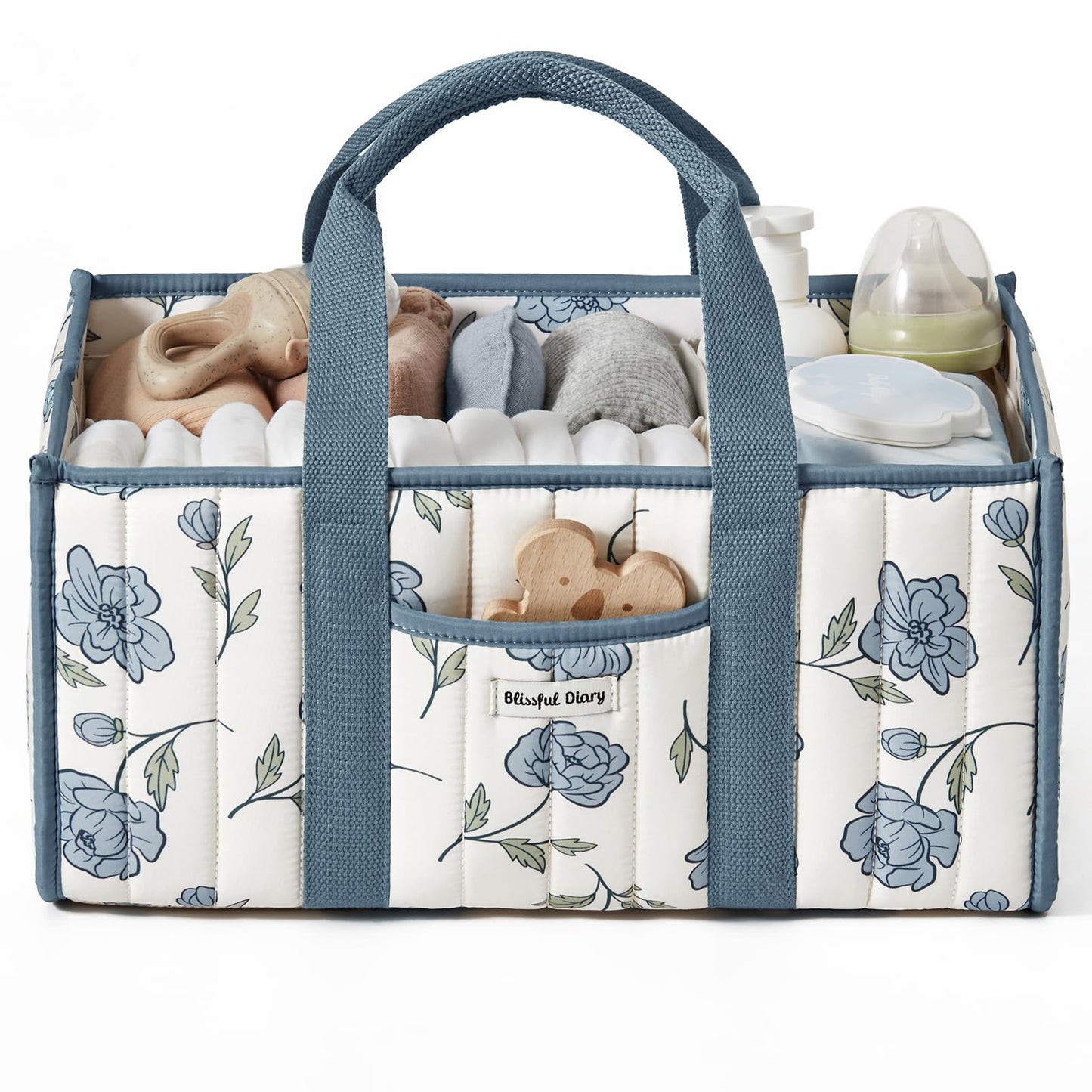 Blissful Diary Floral Diaper Caddy Organizer, Stylish Nursery Storage Basket, Gift for Baby Shower, Newborn Essentials, Peony Blue