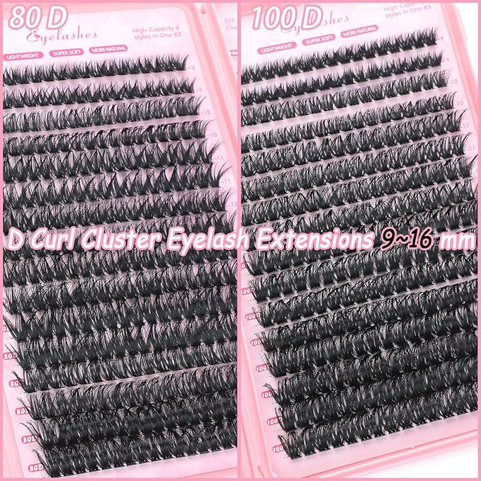 Manga Lash Clusters, 640 Pcs Eyelashes Clusters Extensions 9-16mm Individual Lashes D Curl Fluffy Wispy False Eyelashes Thin Band (80D&100D)