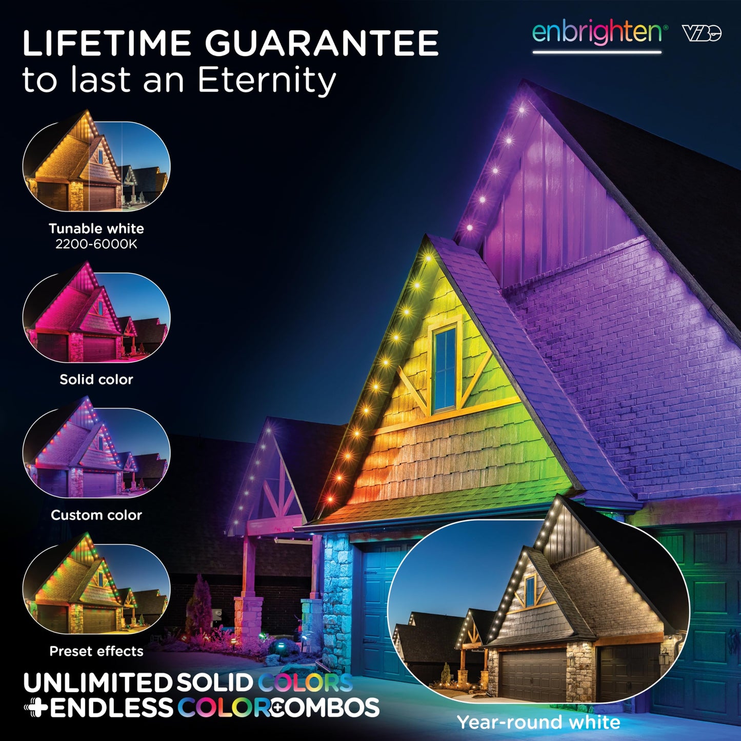 Enbrighten Vibe Eternity Permanent Outdoor Lights for House, 100 Feet, 72 RGBWIC LEDs, Close Spacing, 33lm, Color Changing, Christmas, Eave Lighting, Smart App, Works with Alexa, Google Home, 81103