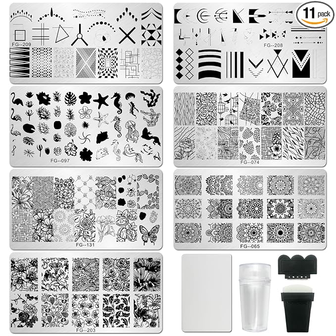 AddFavor Nail Stamper Kit 7pcs Nail Stamping Plates Flower Geometric Mandala Animal Image Nail Stencils with 2 Stamp and 2 Scraper for Home Salon Manicure Design Supplies Tools
