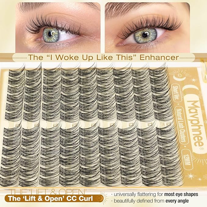 12MM Natural Eyelash Clusters Clear Band Lash Clusters Fluffy Individual Lashes DIY Cluster Lashes Wispy Cluster Eyelash Extensions for Polished Look (108PCS, CC Curve)