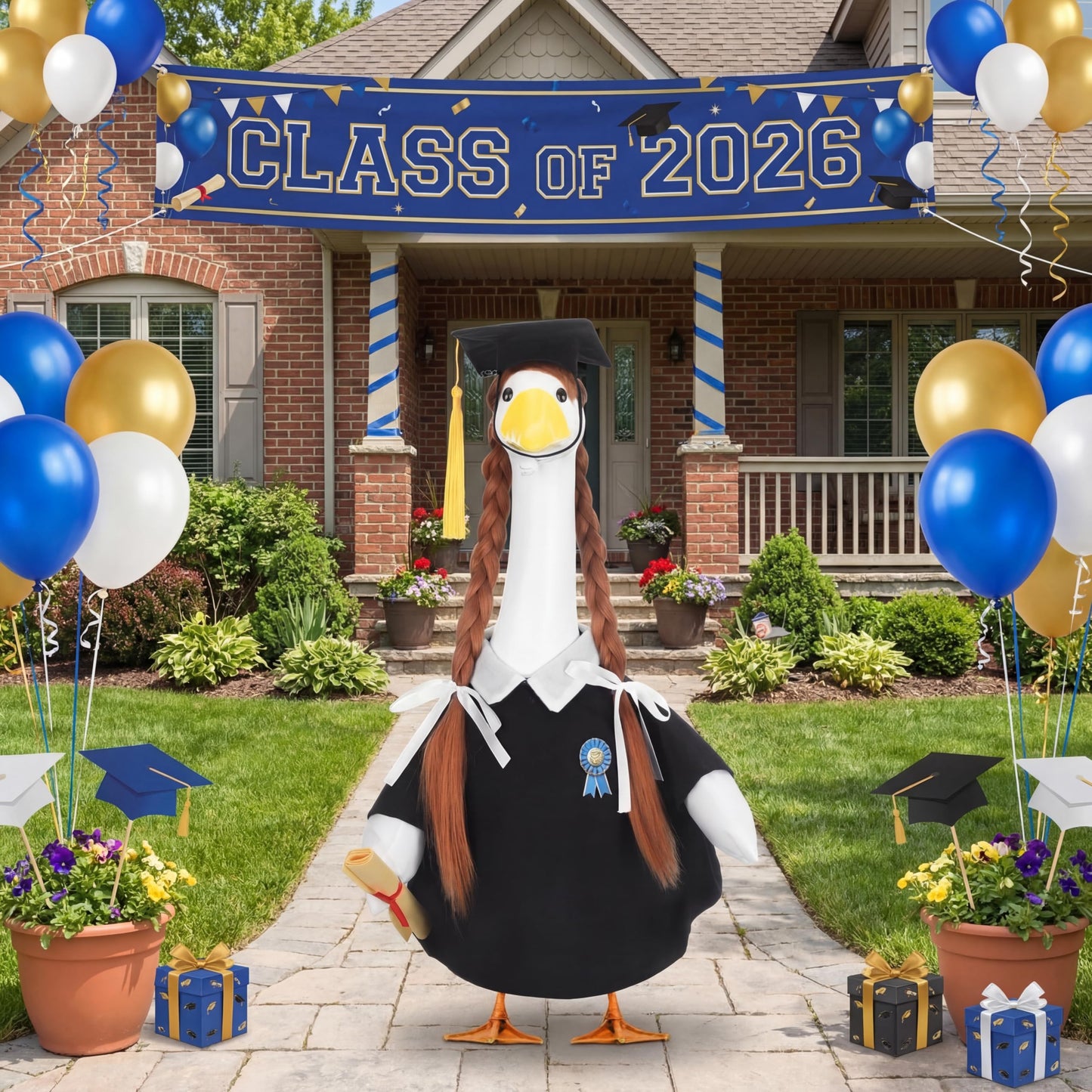 Abbylike Graduation Porch Goose Outfits Graduation Cap with Gold Tassel and Wig Yard Goose Costume Clothes Fits Large 23'' Cement for Garden Yard Statue Lawn Pathway Decorations
