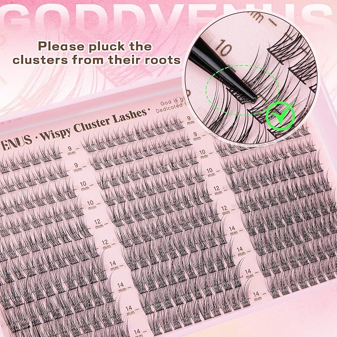 Goddvenus Lash Clusters Kit 9-14mm Wispy Eyelash Clusters Lashes Natural DIY Lash Extension Kit Short Cluster Eyelash Extensions Kit 300pcs C Curl Individual Lashes Cluster Eyelash (With Tweezers)