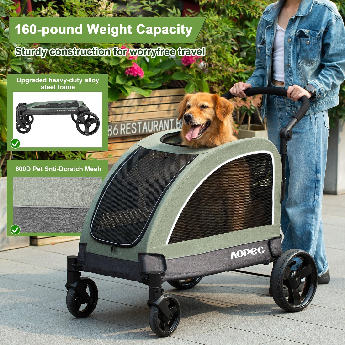AOPEC Large Dog Stroller - Dual Entry Safety Folding Pet Stroller with Adjustable Handle, All-Terrain 4-Wheel, 160 lbs Weight Capacity for Travel & Outdoor Adventures - Green