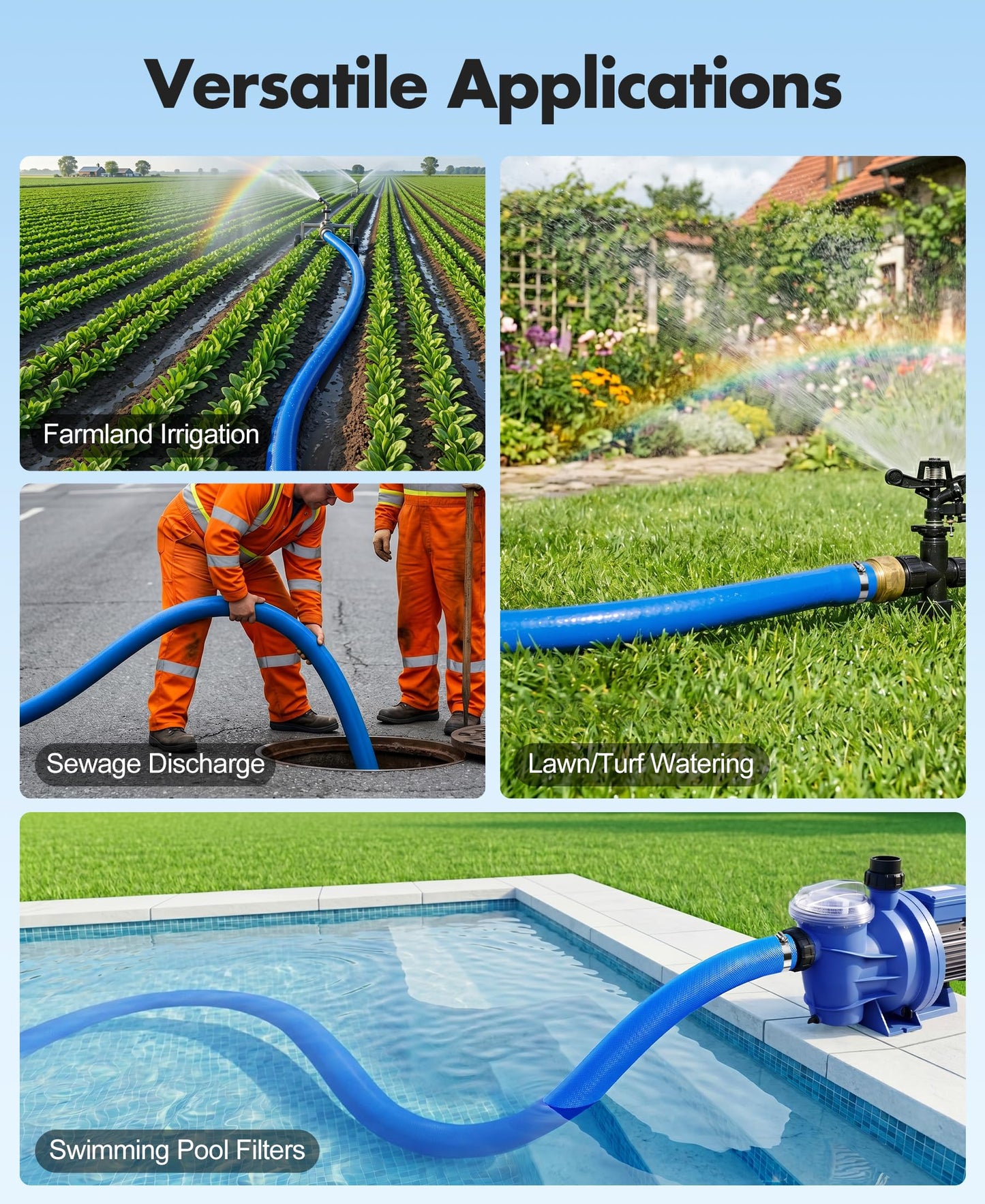 LuxBlue 2" X 65ft Pool Backwash Hose | Heavy-Duty Reinforced PVC Pool Drain Hose, UV & Burst Resistant | Flexible Lay Flat Discharge Hoses for Water Transfer, Sump Pump Drainage, with 3 Clamps