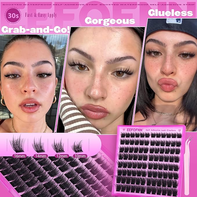Pre Glued Eyelashes Clusters Wispy Self Adhesive Lash Clusters Press on Lashes Fluffy Self Adhesive Eyelashes Volume Glueless Lashes Clusters Thick Cluster Eyelash Extensions 10-16mm