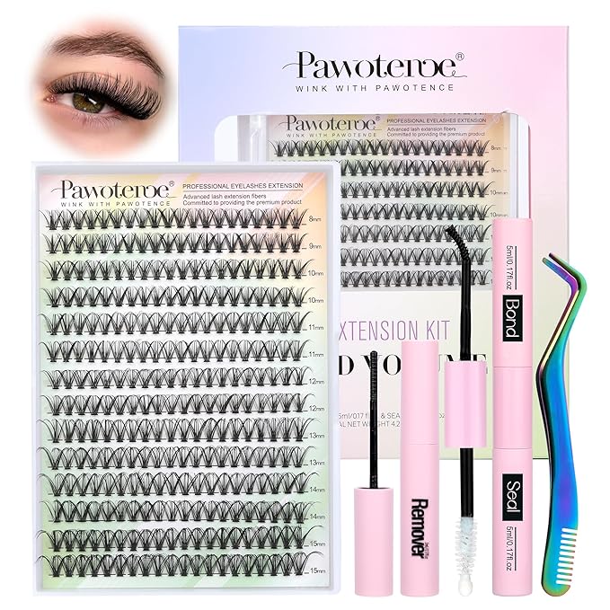 Pawotence Lash Extension Kit DIY 280pcs Individual Lash Clusters Kit 30D Cluster Eyelash Extensions Kit with Lash Bond and Seal, Lash Remover, Lash Tweezers for Self Use (30D, 8-15mm, All Kit)