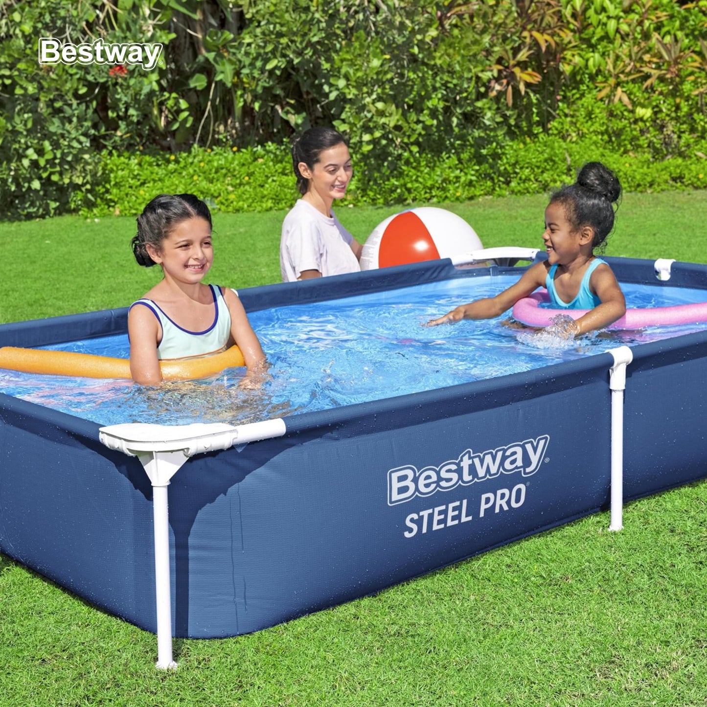 Bestway Steel Pro 87 Inch x 59 Inch x 17 Inch Rectangular Metal Frame Above Ground Outdoor Backyard Swimming Pool, Blue (Pool Only)