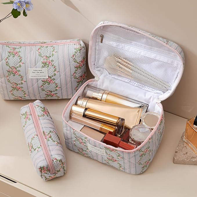 HBselect Quilted Makeup Bag, 3PCS Cotton Large Travel Makeup Bag, Cute Floral Coquette Make up Bag Cosmetic Bag Toiletry Bag for Women Girls