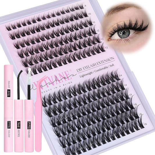 Fairy Lash Clusters Kit Wispy Eyelash Clusters DIY 8-16mm Manga Lash Clusters Eyelash Extension Kit 192pcs Individual Lashes Natural Lash Extension Kit with Lash Bond and Seal, Lash Tweezers by Wtvane